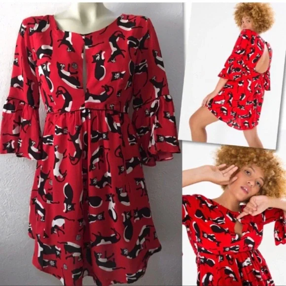 Rare Farm Rio Cat & Yarn Mini Dress Red Statement Print Resort Chic | Size S - Picture 4 of 7